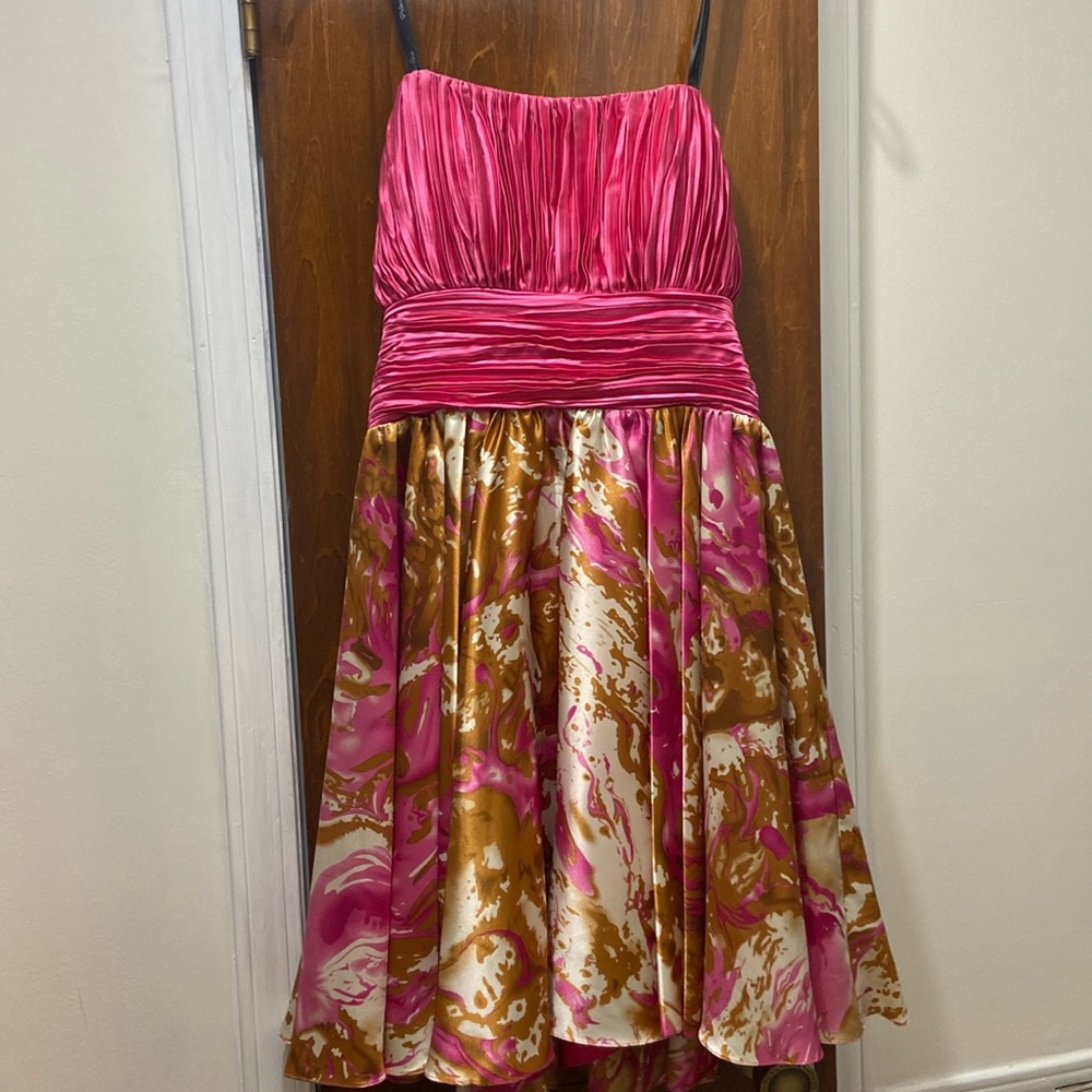 Pink and brown strapless cocktail dress.